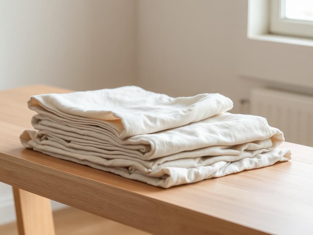 Folded linen fabrics on a wooden table