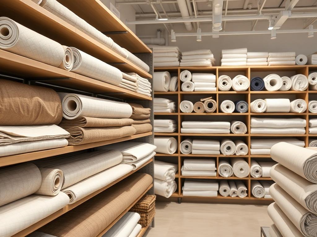 Premium fabric rolls on modern shelves